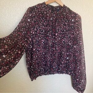 RACHEL Rachel Roy Floral Blouse - Burgundy, Black and Pink Floral Pattern Size M
